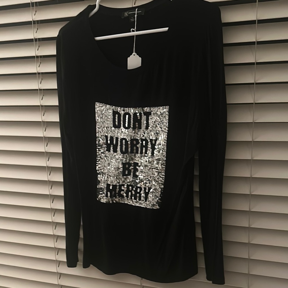 INC International Concepts Black Sequin Long Sleeve T-Shirt